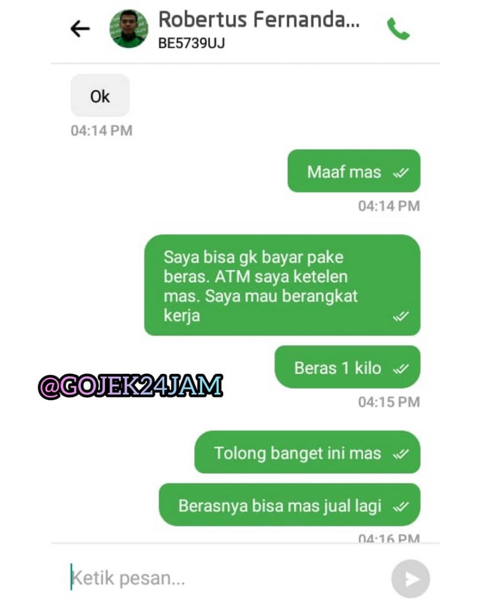 Anak kos ini bayar ojek online pakai beras, reaksi driver dipuji