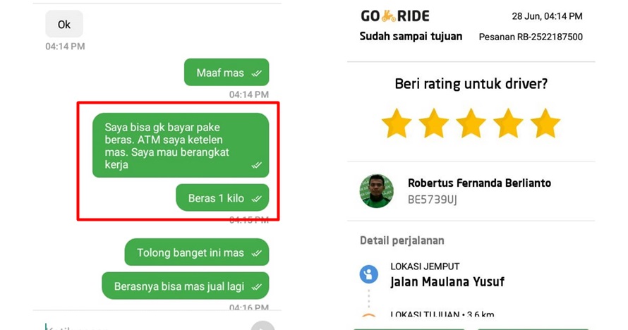 Anak kos ini bayar ojek online pakai beras, reaksi driver dipuji