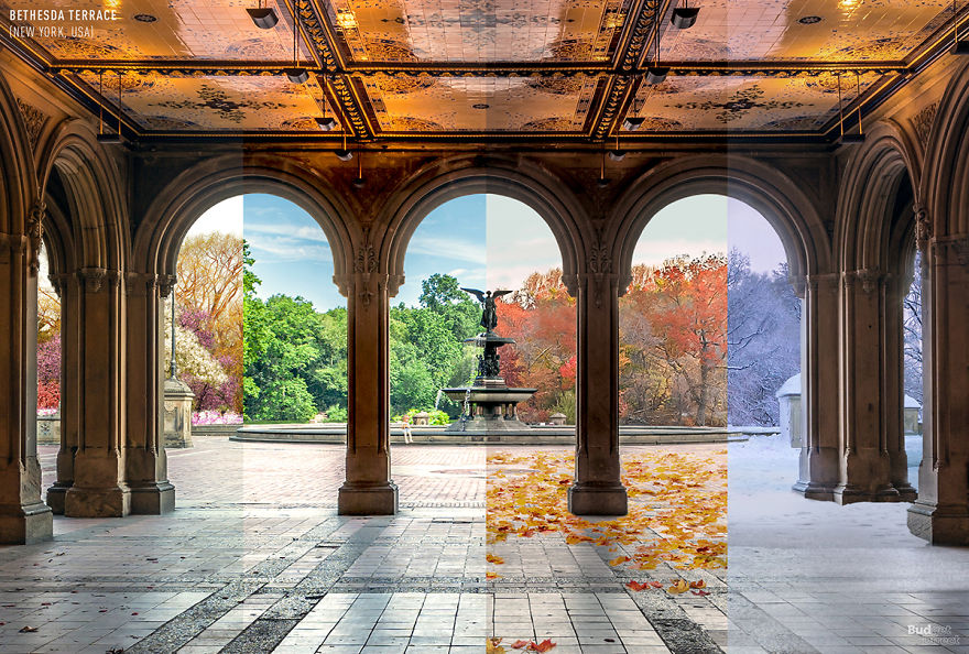 8 Foto kolase ini gambarkan perbedaan tempat dari musim ke musim