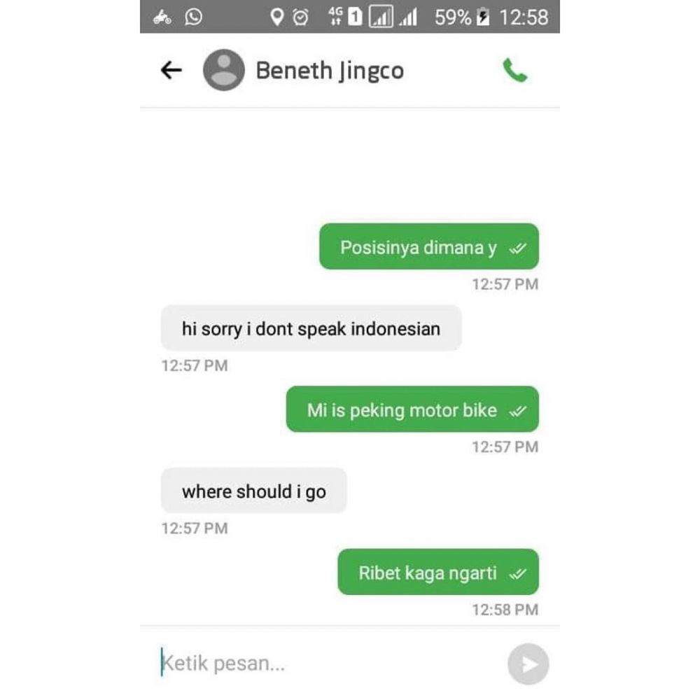 10 Chat lucu pelanggan ojek online pakai Bahasa Inggris ini kocak