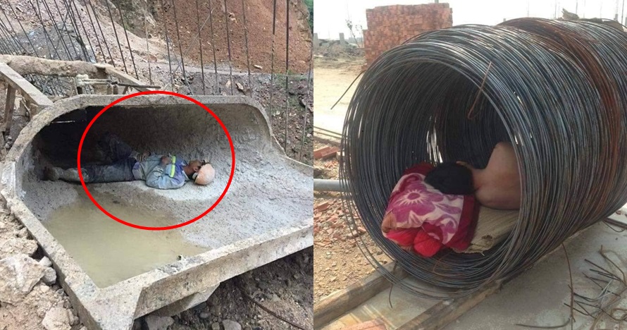 6 Foto pekerja tidur di tumpukan material, perjuangannya berat