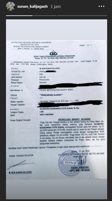 Salmafina lama tak pulang, Sunan Kalijaga lapor polisi