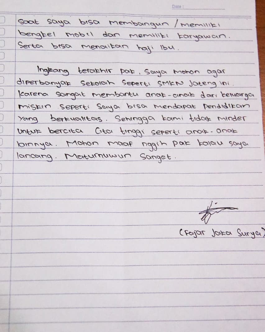 Ditulis tangan, surat pelajar untuk Ganjar Pranowo ini bikin haru