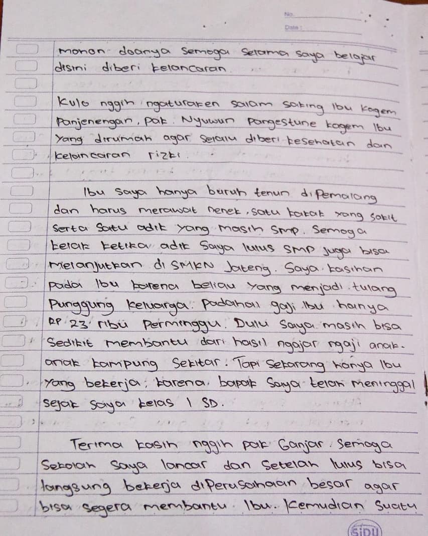 Ditulis tangan, surat pelajar untuk Ganjar Pranowo ini bikin haru