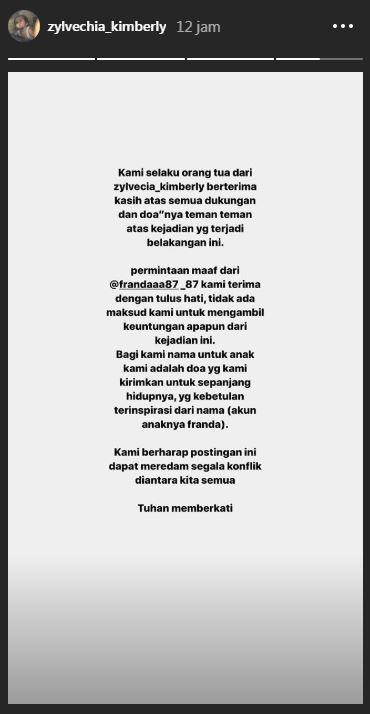 Franda minta maaf, reaksi orangtua Zylvechia Kimberly bikin salut