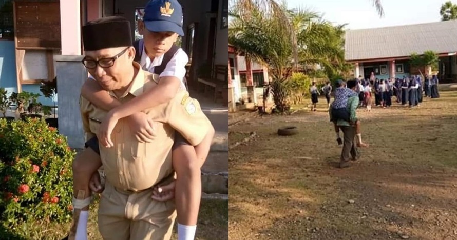 Muridnya patah kaki, guru ini gendong untuk antar jemput sekolah