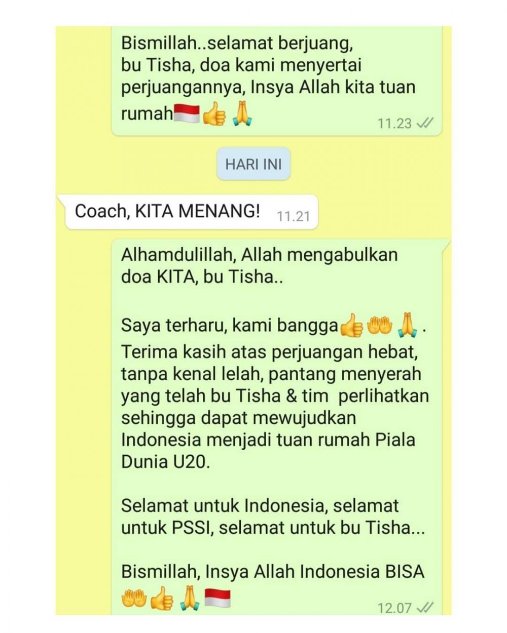 Isi chat Sekjen PSSI ke pelatih Timnas U-19, rayakan kemenangan