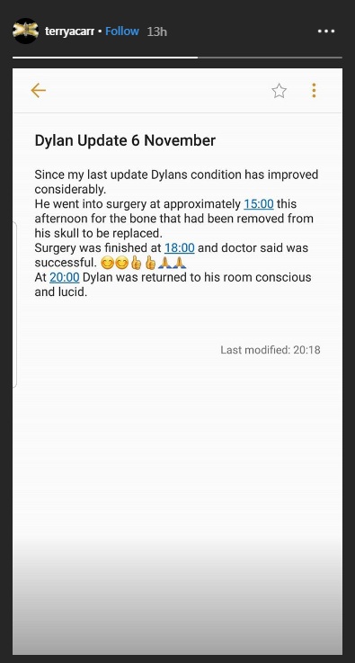 Kondisi terbaru Dylan Carr setelah keluar dari ruang ICU