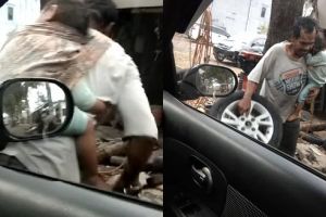 Kisah pilu pria tukang tambal ban bekerja sambil gendong anak