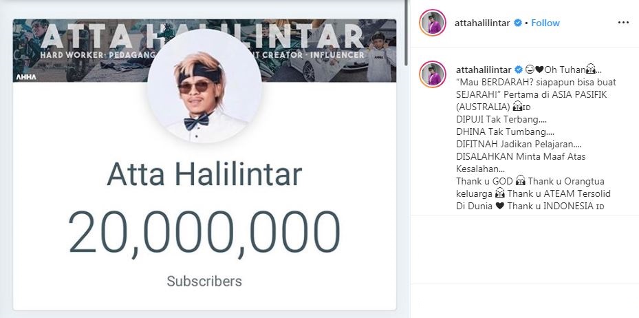 Dapat 20 juta subscribers, Atta Halilintar bikin rekor Asia Pasifik