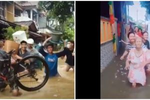 7 Aksi warga bikin video TikTok saat banjir, bikin ketawa 