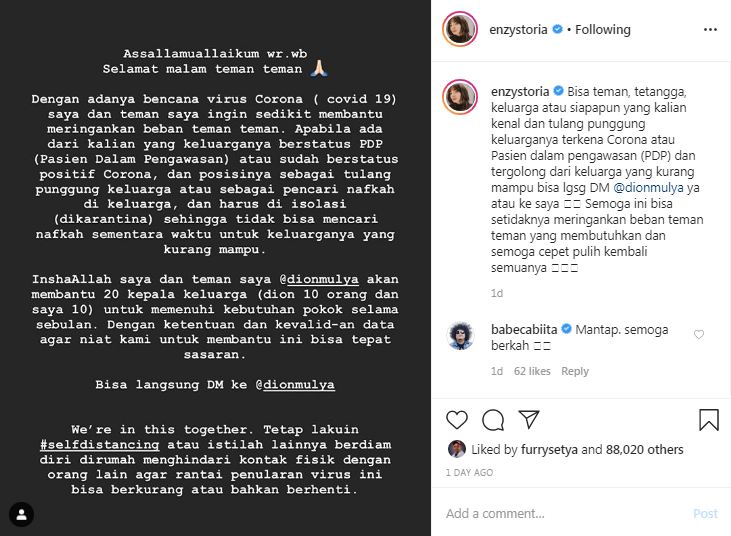 Enzy Storia akan tanggung biaya keluarga pasien Corona