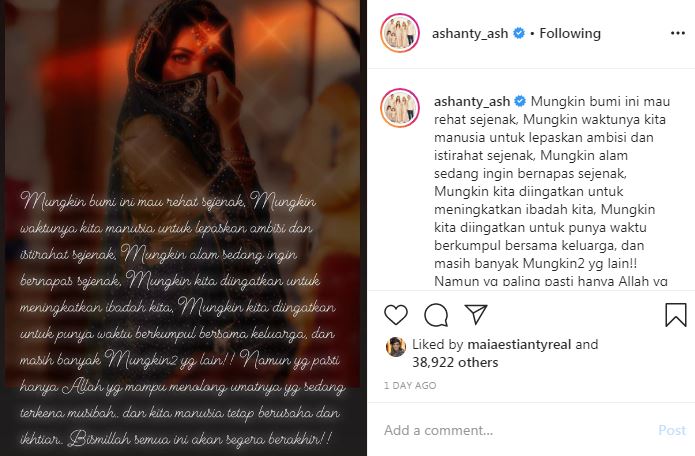 Ashanty unggah tulisan terkait wabah Corona, menyentuh hati