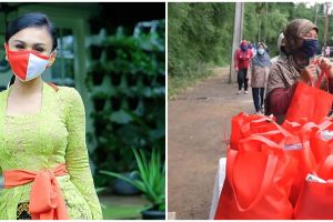8 Momen Yuni Shara bagi sembako pakai kebaya, curi perhatian
