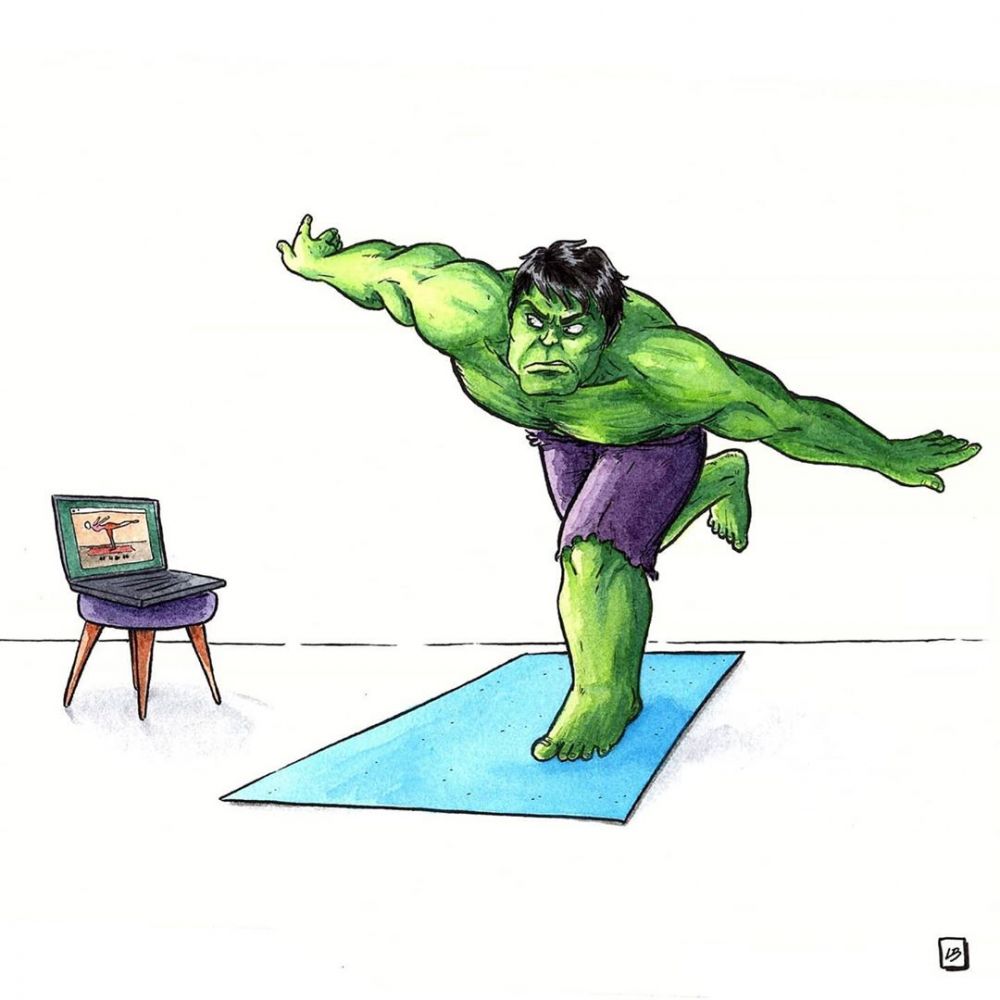 10 Ilustrasi karakter superhero saat karantina, Hulk ikut yoga