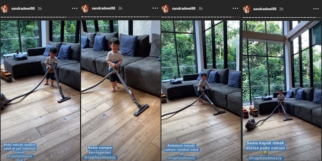 Aksi Raphael Moeis anak Sandra Dewi bantu ART bersihkan rumah