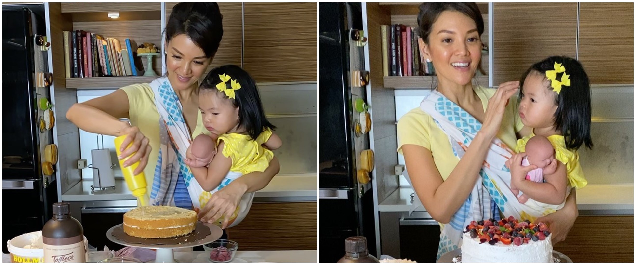 10 Potret Farah Quinn bikin kue sambil gendong anak, lihai banget