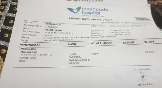 Ikut 'Test Swab' di Jakarta, Helmi Hasan dinyatakan negatif Covid-19