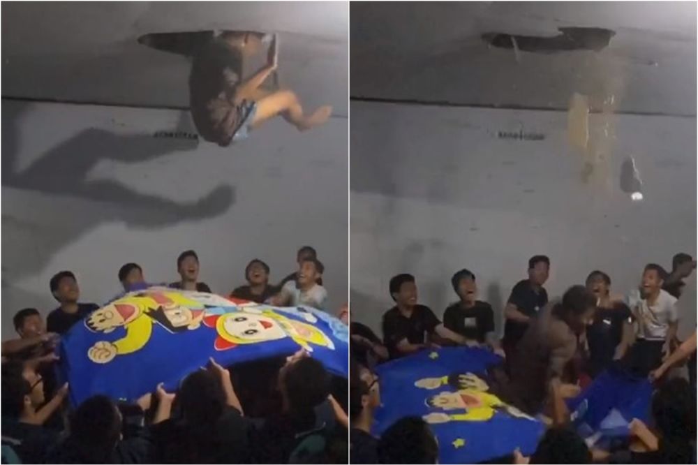 Aksi remaja main 'trampoline' sampai plafon hancur, kocak tapi kasihan