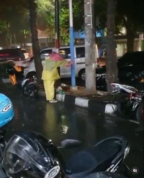 Aksi wanita lindungi kucing makan di tengah hujan deras, bikin salut