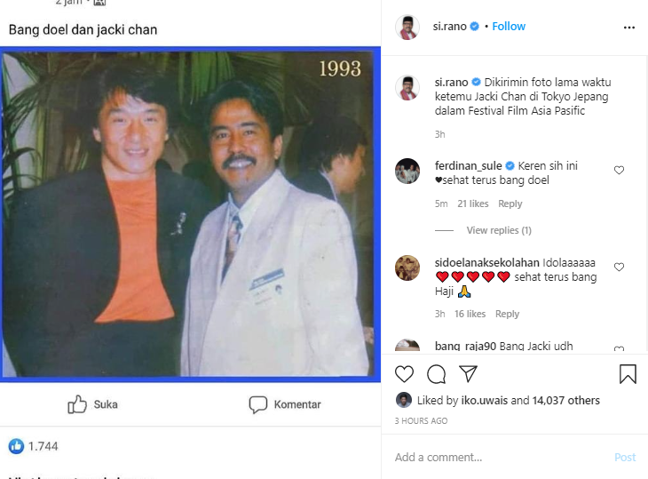 Rano Karno unggah potret lawas bareng Jackie Chan, warganet heboh