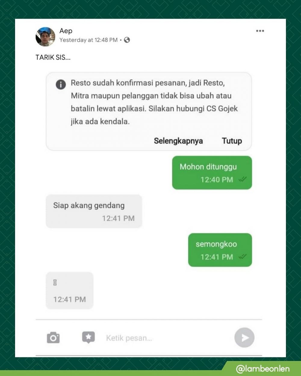 10 Chat order makanan lewat ojek online ini bikin senyum geli