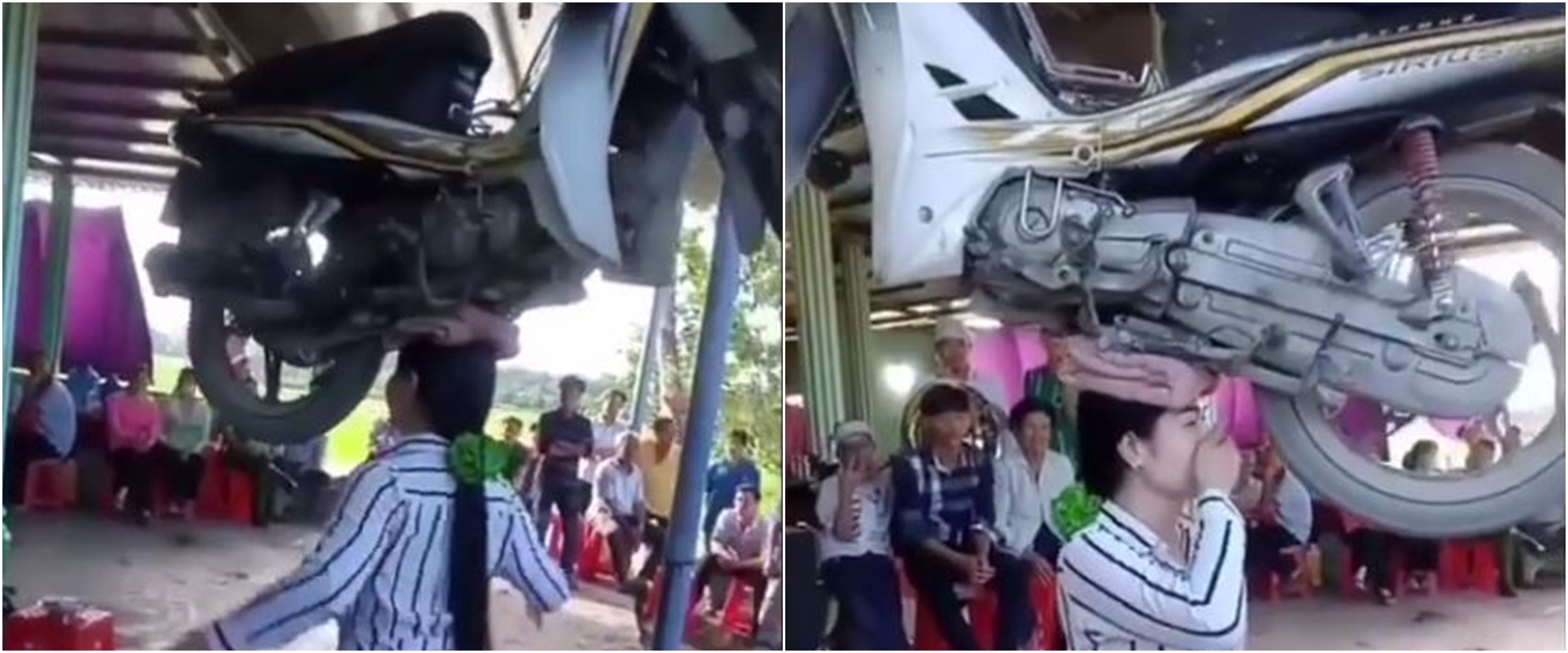 Aksi wanita menari sembari angkat motor di atas kepala, bak superhero