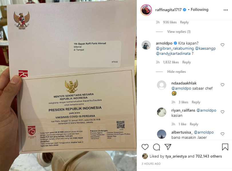 Raffi Ahmad unggah undangan vaksin, komen Chef Arnold jadi sorotan