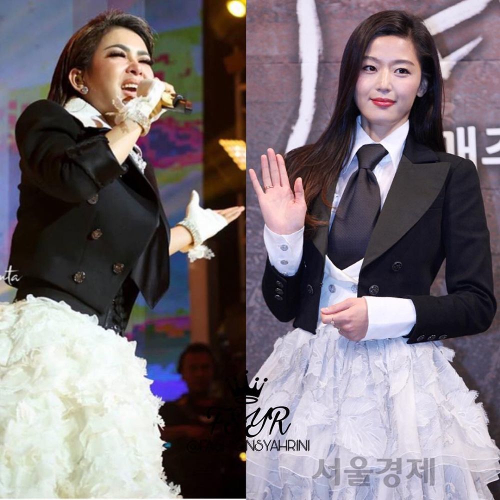 5 Potret Syahrini kembaran baju dengan artis Korea