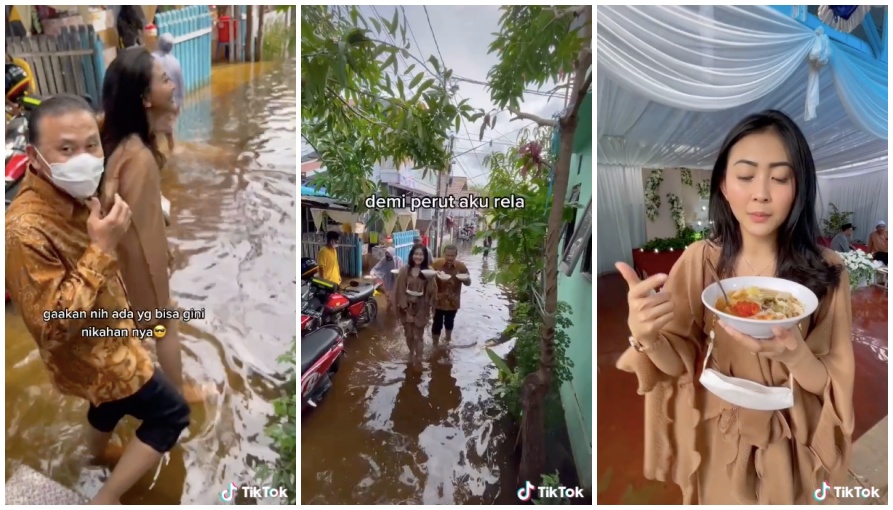 Aksi cewek terjang banjir demi ambil makanan di acara pernikahan