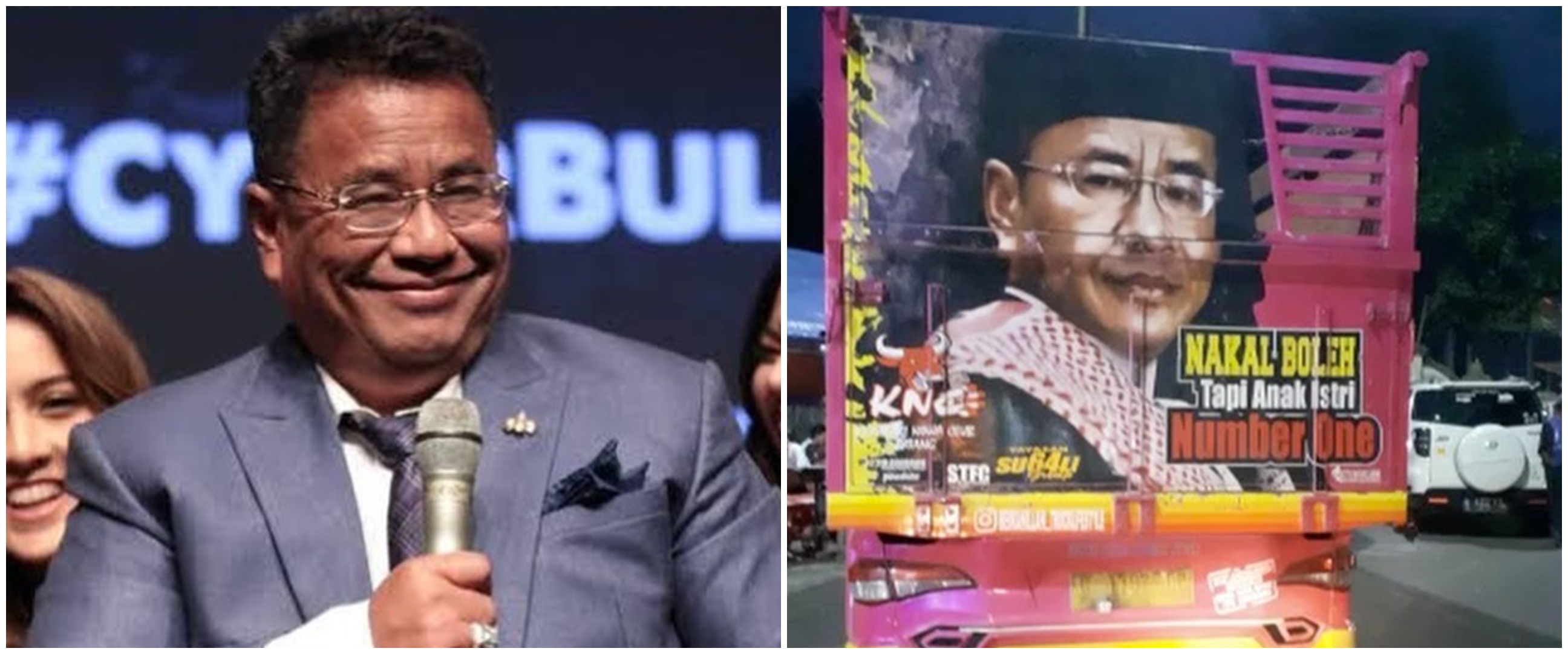 Potret wajah 5 seleb pria terpampang di truk, dihiasi kata-kata bijak