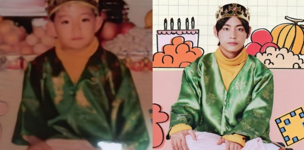 Potret 7 member BTS tirukan foto masa kecil, Taehyung bak raja