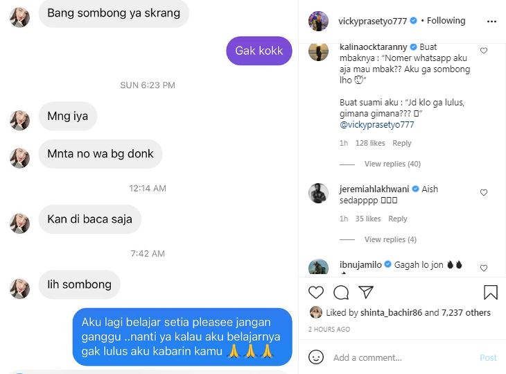 Vicky Prasetyo dapat pesan dari wanita di IG, respons Kalina disorot