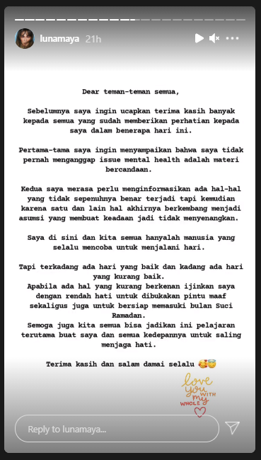 Permintaan maaf Luna Maya usai dituding sepelekan mental health