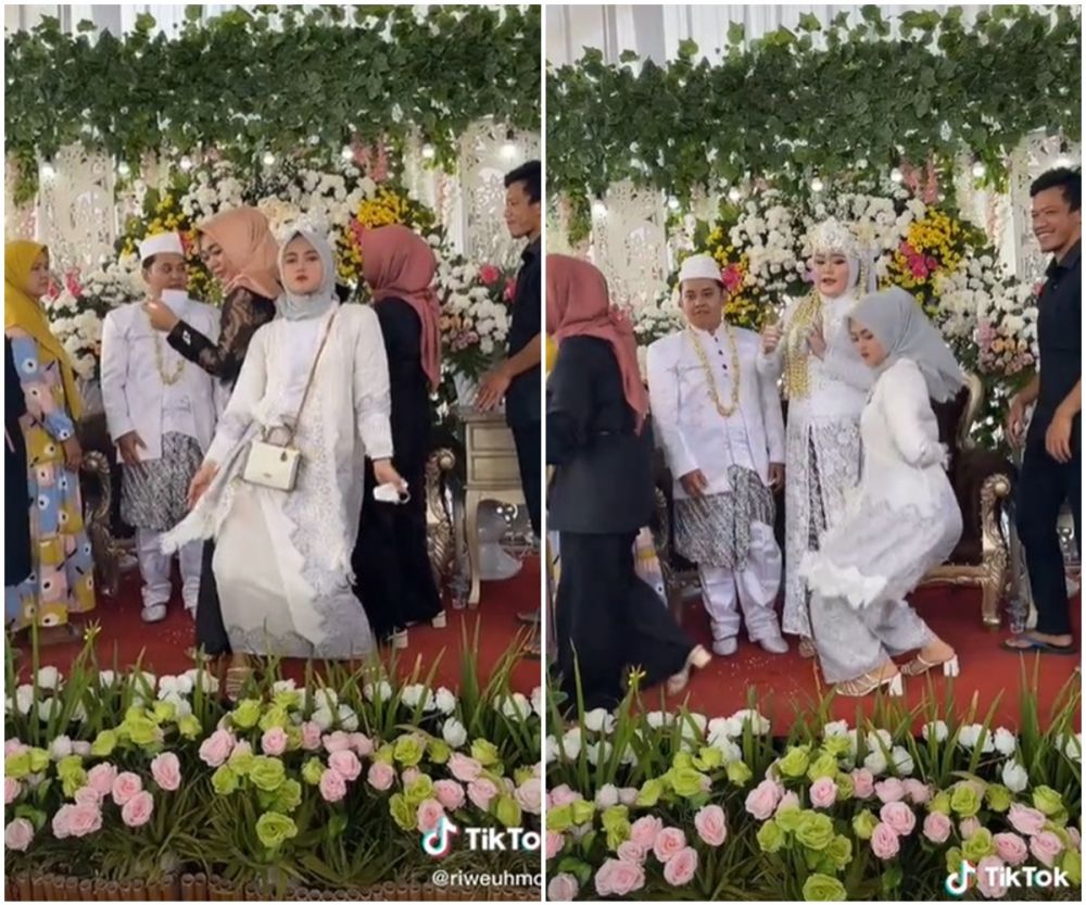 Aksi absurd wanita di resepsi pernikahan, asik joget di atas pelaminan