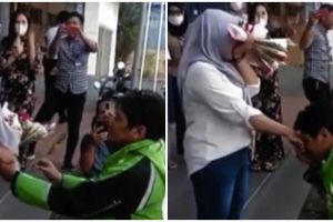 Viral aksi driver ojek online lamar kekasih di tempat umum