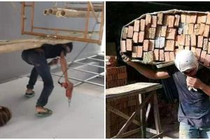 10 Aksi lucu tukang bangunan angkut material ini bikin garuk kepala