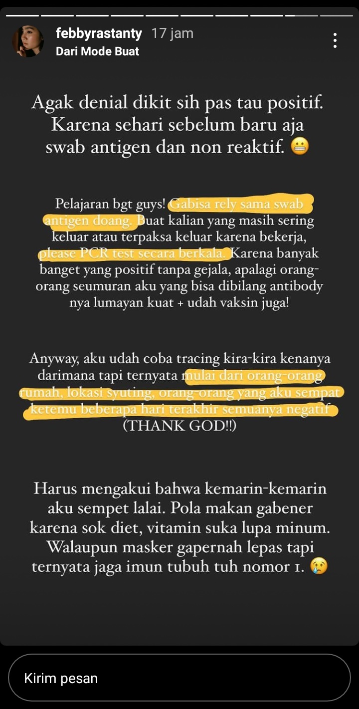 Cerita Febby Rastanty positif Covid-19, akui sempat lalai