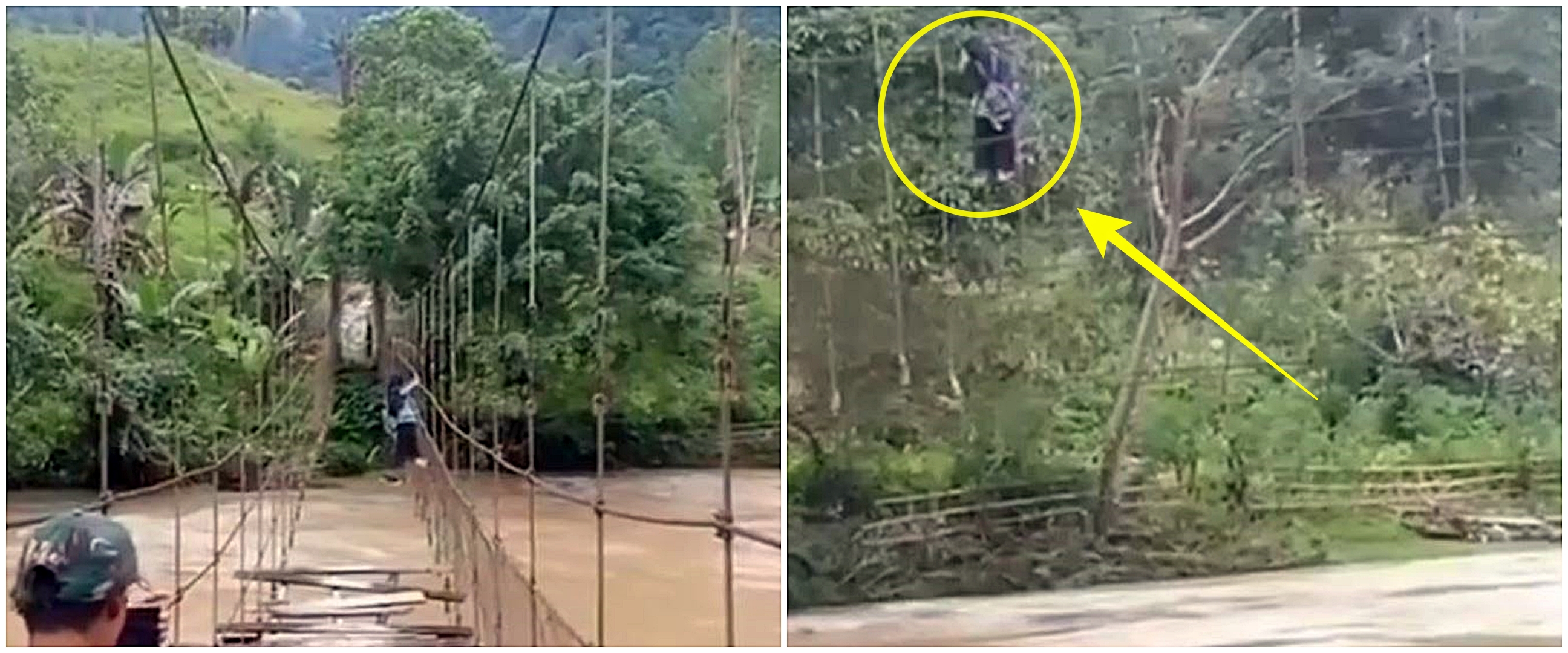 Viral pelajar nekat seberangi sungai berpegangan tali jembatan rusak