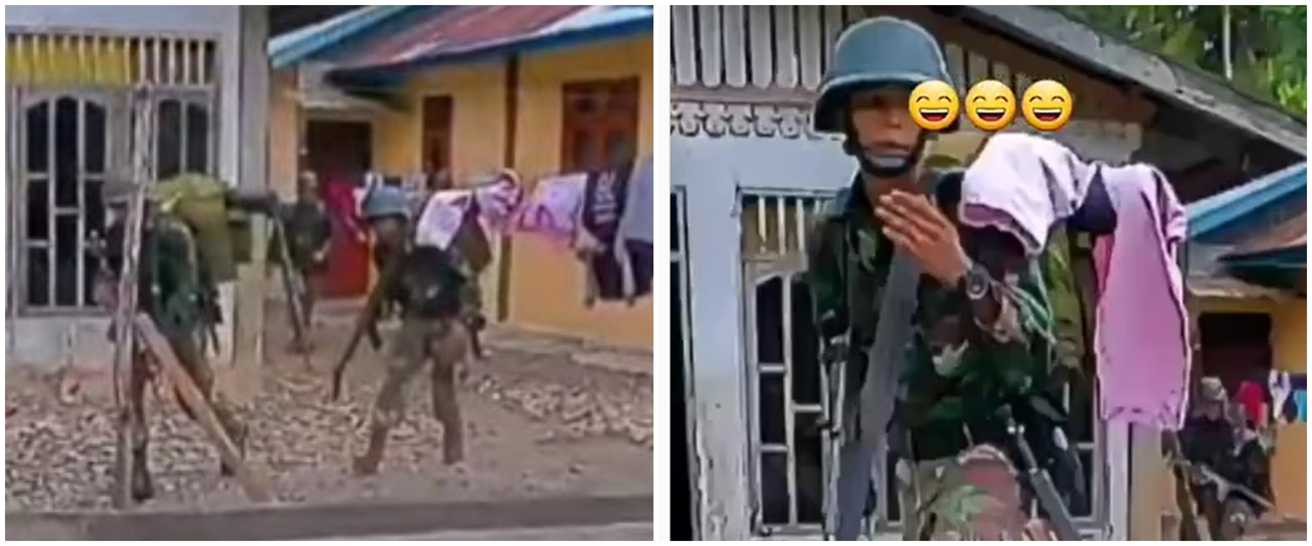 Momen anggota TNI latihan perang malah nyangkut di jemuran warga