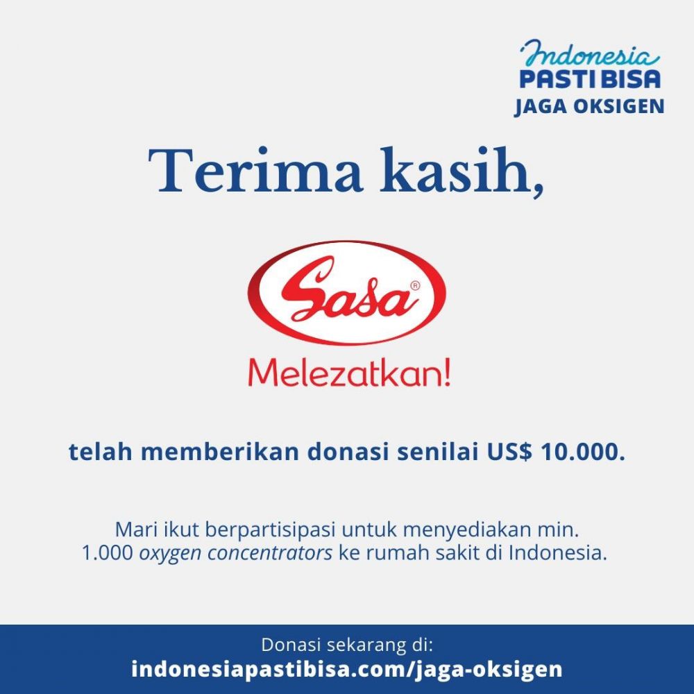 SASA dukung pengadaan oksigen lewat galang dana Indonesia PASTI BISA