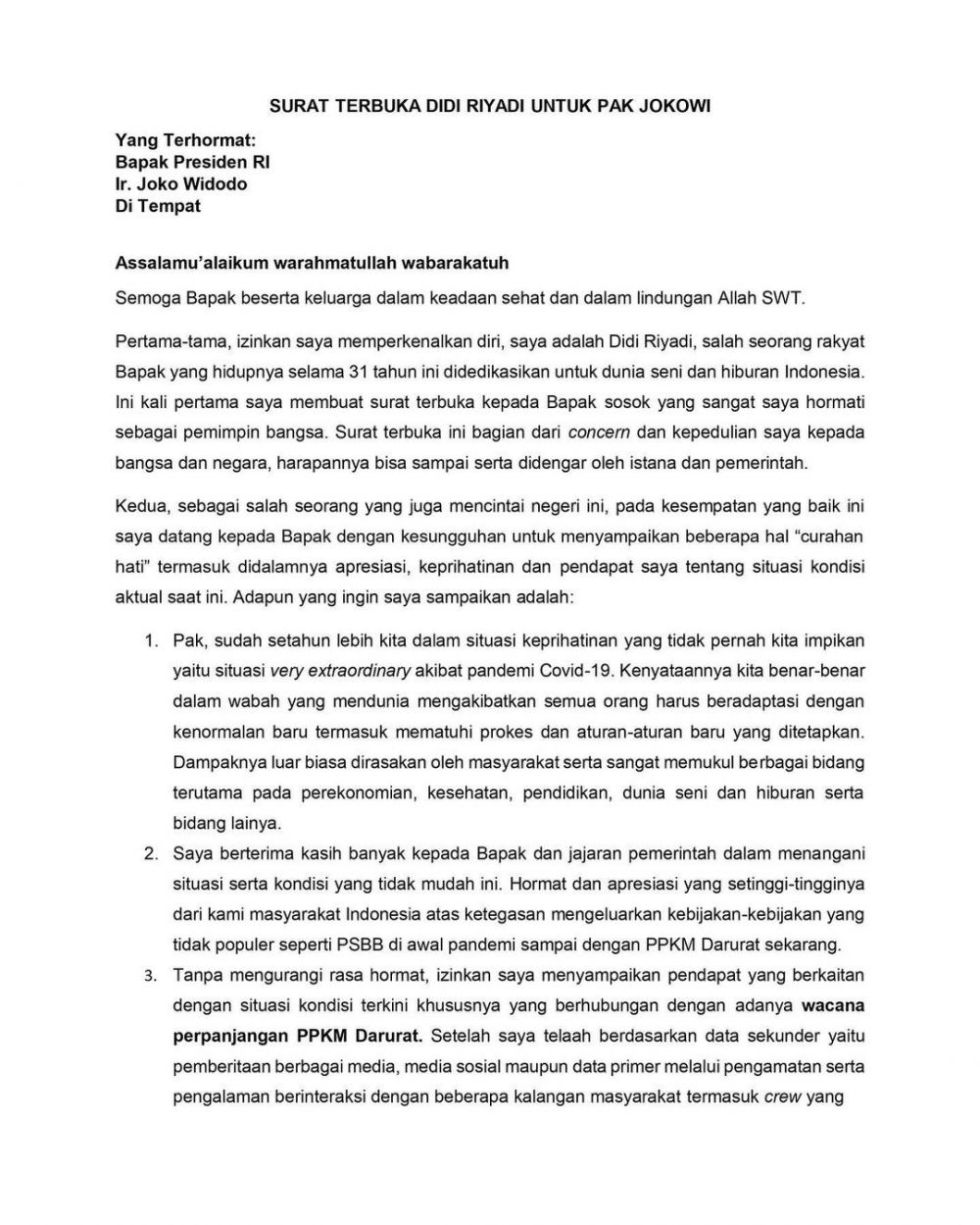 Surat terbuka Didi Riyadi untuk Jokowi soal PPKM Darurat, ini isinya