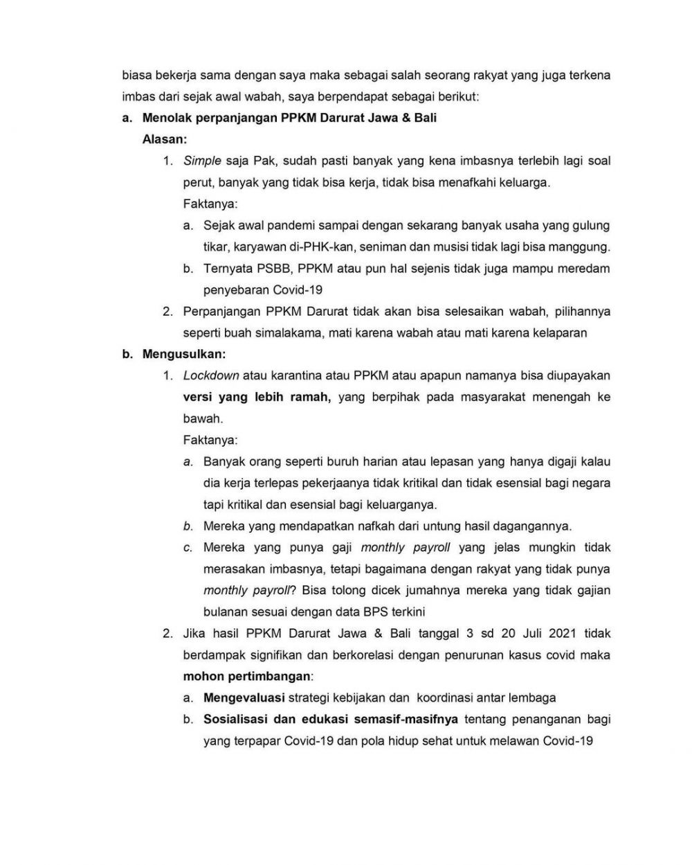 Surat terbuka Didi Riyadi untuk Jokowi soal PPKM Darurat, ini isinya