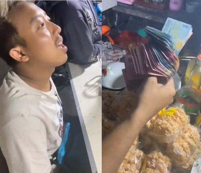 Heboh pria mirip Indro Warkop muda, jajan di warung bawa uang segepok