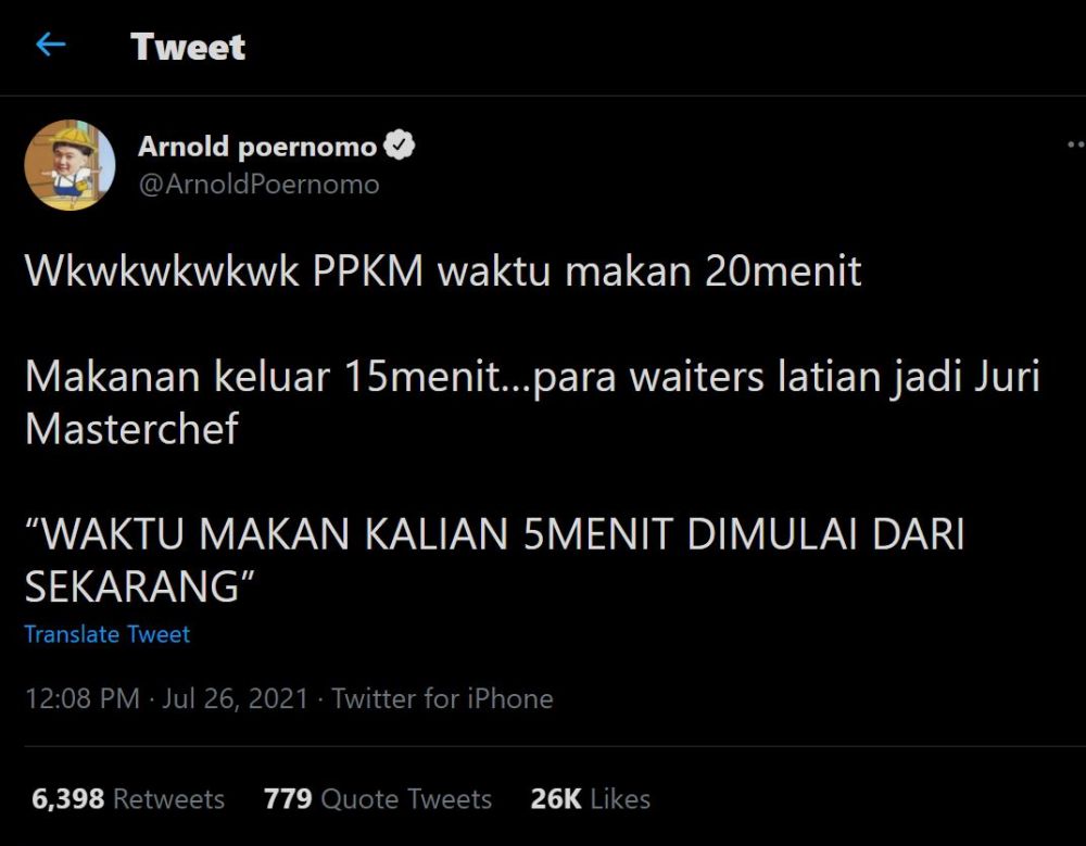 Cuitan Chef Arnold soal aturan makan di tempat 20 menit, kocak abis