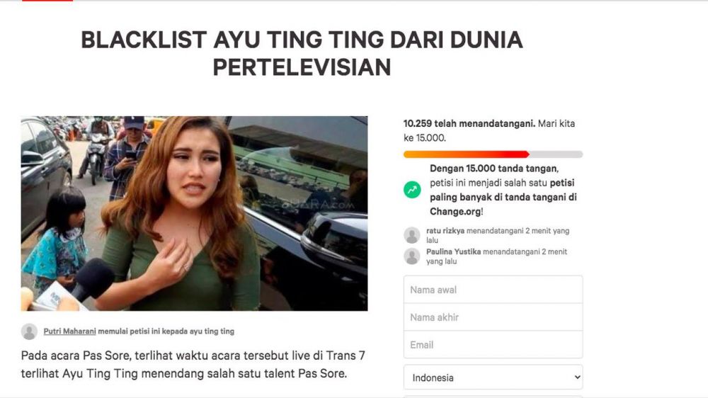 Petisi blacklist Ayu Ting Ting dari dunia TV tembus 10 ribu pendukung