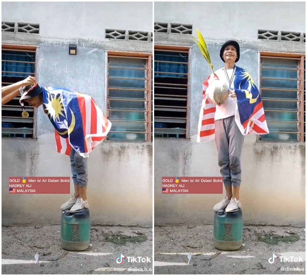 Aksi pria parodikan Olimpiade, cabang olahraga masukkan air ke botol