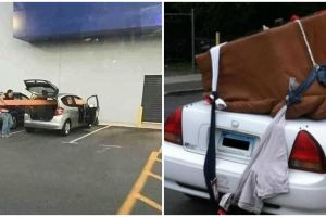 15 Tingkah lucu bawa barang besar pakai mobil ini maksa banget