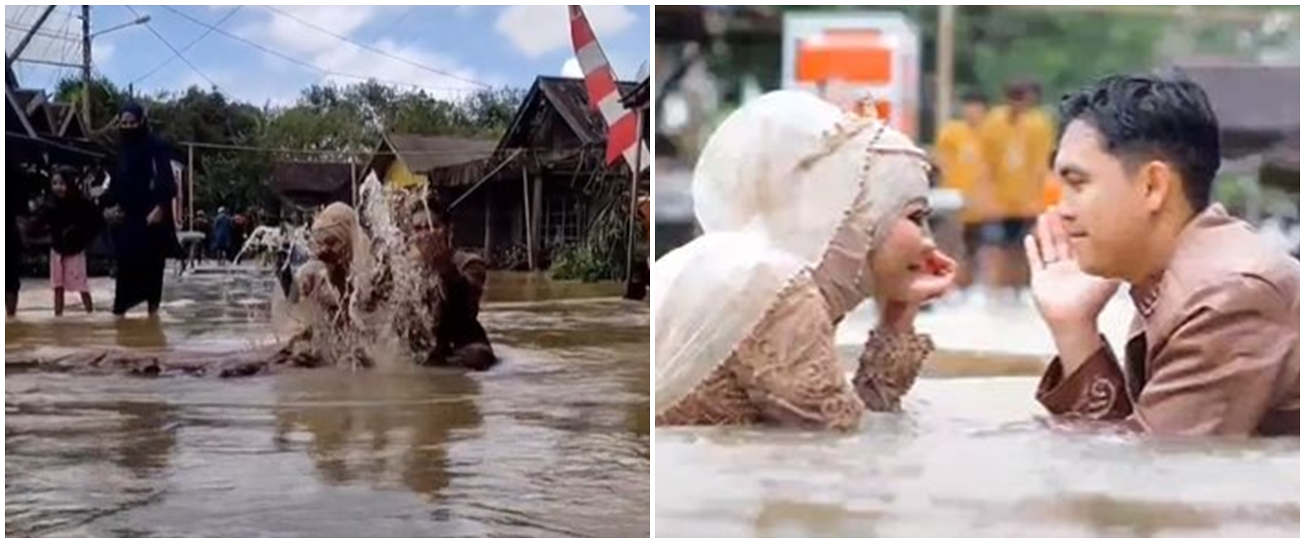 Momen tak biasa pengantin foto saat banjir, gaun pernikahan disorot