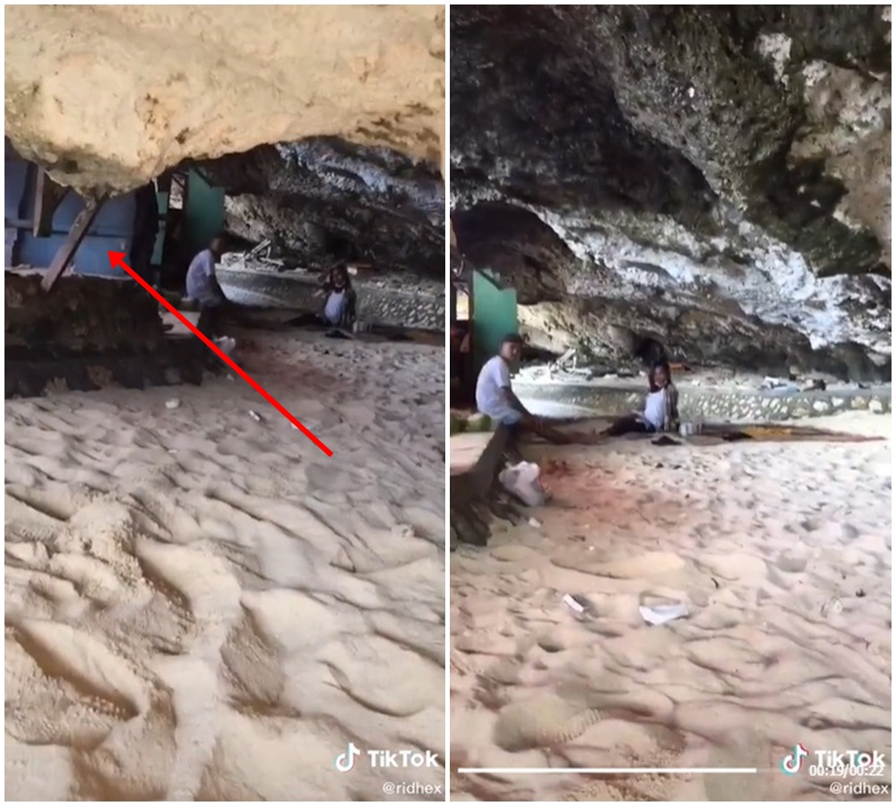 Penampakan warung di bawah batu karang ini bikin ngeri-ngeri sedap